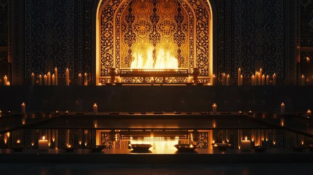 Sacred fire altar glowing in a traditional temple during ritual ceremony
