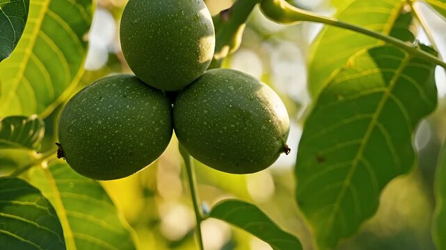 Green unripe walnuts growing on a tree branch surrounded by leaves.