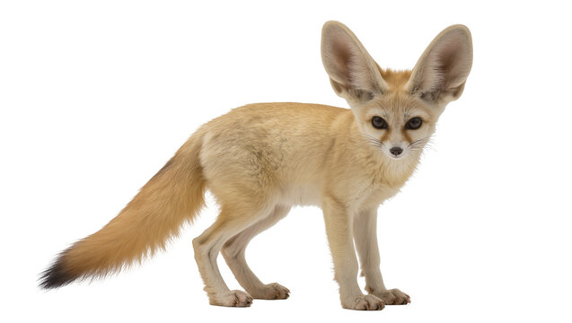 Small fennec fox with large ears standing, isolated on transparent background