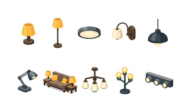 Collection of isometric interior lighting fixtures and furniture elements