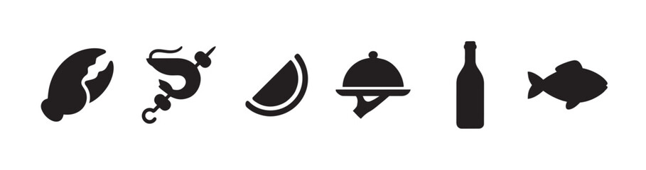 Fototapeta premium A collection of simple black icons representing food and drink elements, including a lobster claw, shrimp, watermelon slice, cloche, bottle, and fish.