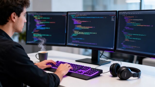 Person coding on multiple monitors