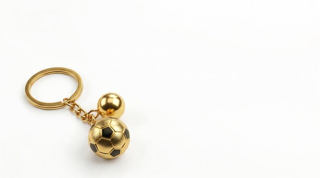 Golden Keychain and Soccer Ball on White Background