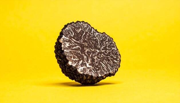 Halved Black Perigord Truffle with Marbled Texture on Bright Yellow Background