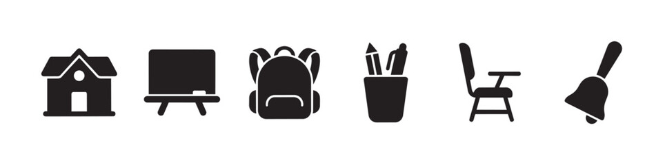 Fototapeta premium A set of black minimalist icons representing education and learning, including a house, blackboard, backpack, pens, chair, and bell.