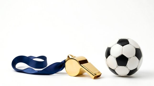 Golden Whistle and Soccer Ball on White Background