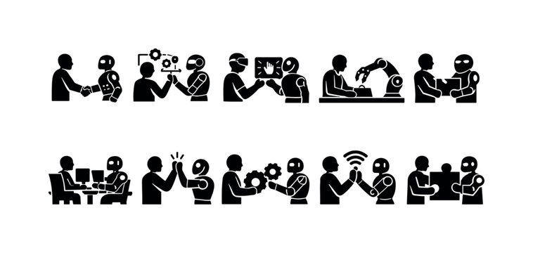 Human and robot collaboration icons showing partnership and technological advancement