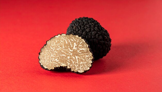 Whole and Sliced Black Truffle with Marbled Texture on Red Background