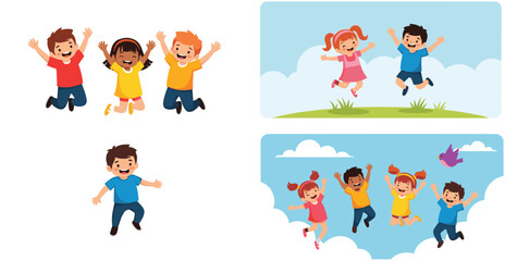 Fototapeta premium Colorful cartoon illustration of happy children jumping and playing outdoors under blue sky with clouds and grass background
