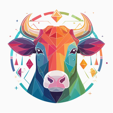 Geometric Cow Portrait with Rainbow Colors and Abstract Elements