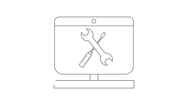 Computer screen with crossed wrench and screwdriver icon symbolizing repair and maintenance.