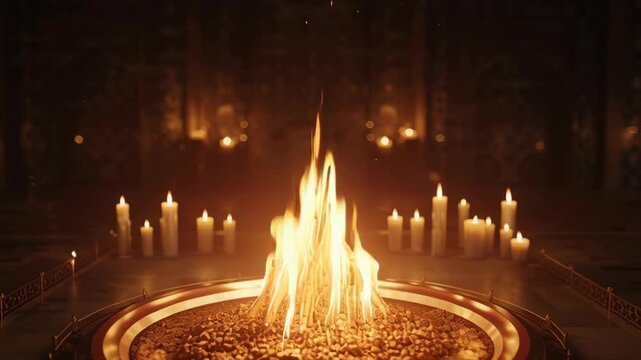 Sacred eternal flame burning in a temple during Fravardigan festival with candles and ancient Persian heritage carvings