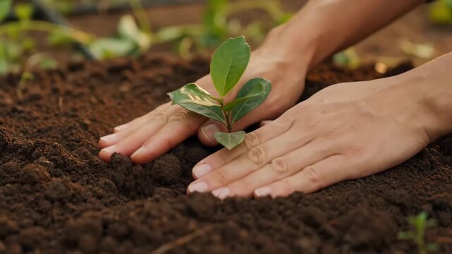 This macro close-up shot shows a freshly dug circular planting hole in dark, tilled garden soil, with blurred green foliage in the background.