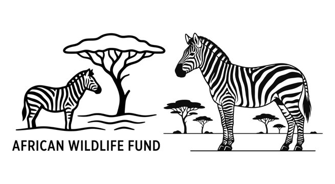 Black and white zebra illustrations with African acacia trees