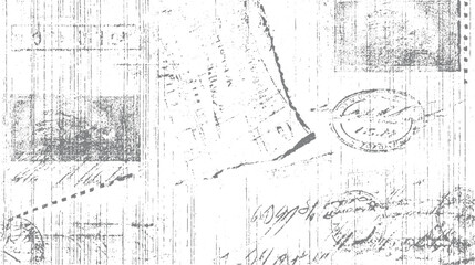Fototapeta premium Vintage distressed paper texture with faded postal stamps and handwritten script grunge