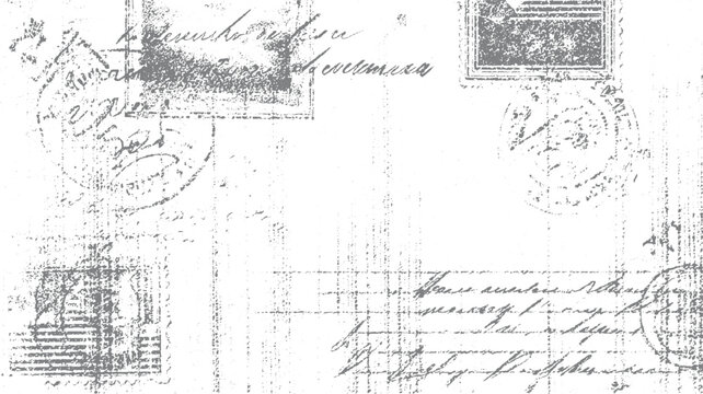 Faded grey vintage handwritten script and postage stamps on white textured background letter paper