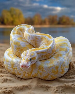 Albino serpent with Albino python snake near riverbank, albino python wildlife, albino python pale yellow reptile in peaceful natural riverside habitat
