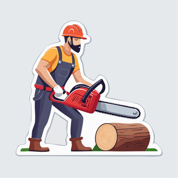 Lumberjack with Chainsaw Cutting Log