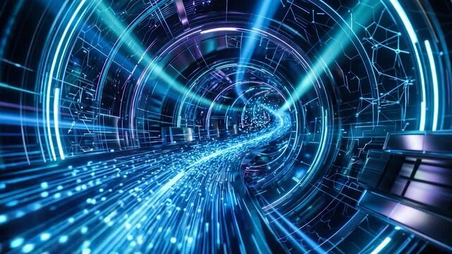 Highspeed data transfer through a futuristic digital fiber optic tunnel with glowing blue light streaks and circuits