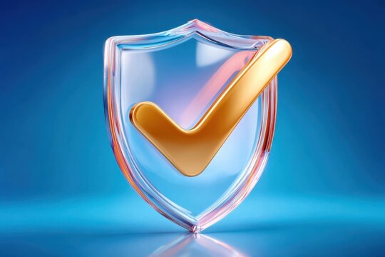 Glass shield with illuminated gold checkmark symbolizing security, verification and trusted protection