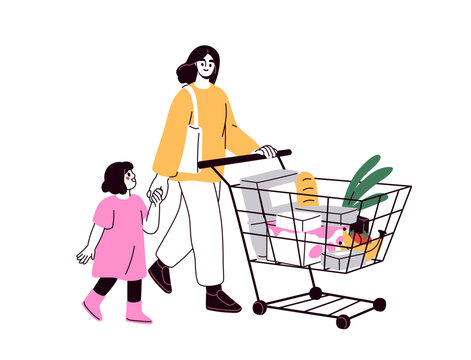 Family, mom and girl kid walking with supermarket store trolley. Woman and child with grocery shopping cart. Mother and daughter with purchases. Flat vector illustration isolated on white background