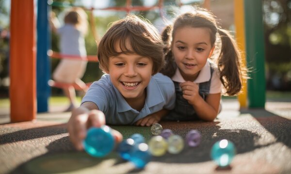 Two children playing with marbles on a playground