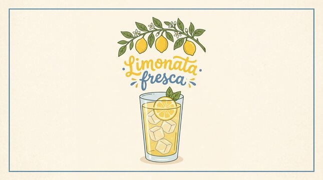 Vintage lemon soda poster with glass of lemonade and Italian &ldquo;Limonata fresca&rdquo; lettering