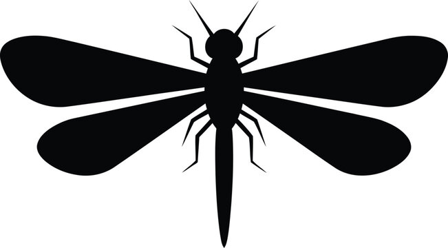 Minimalist black silhouette of a flying dragonfly insect top view vector illustration