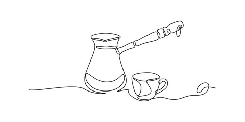Obraz premium Continuous line drawing of traditional coffee jezve with cup and bean