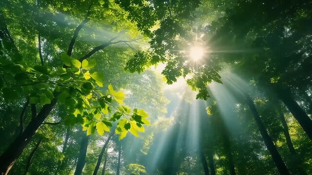 Sunlight filtering through vibrant green forest canopy, creating a serene, ethereal glow and symbolizing nature's resilience, tranquility, and enduring beauty
