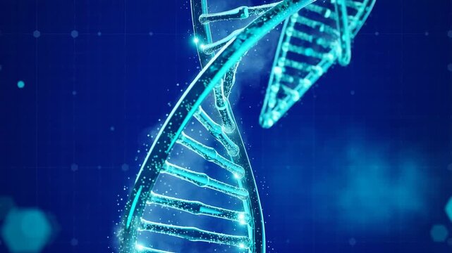 3D futuristic glowing DNA double helix strand on blue digital background for genetics and science