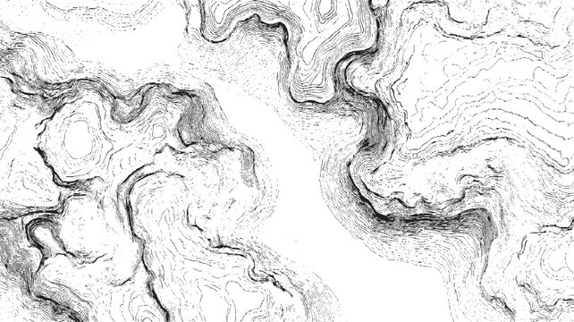 Black and white topographic map contour lines representing elevation changes and terrain abstract background