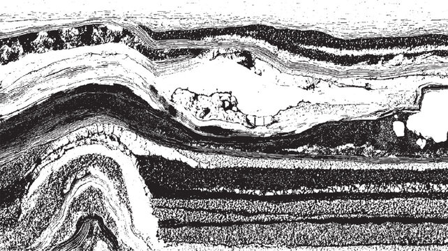 Black and white of geological rock strata showing folds and layers geology