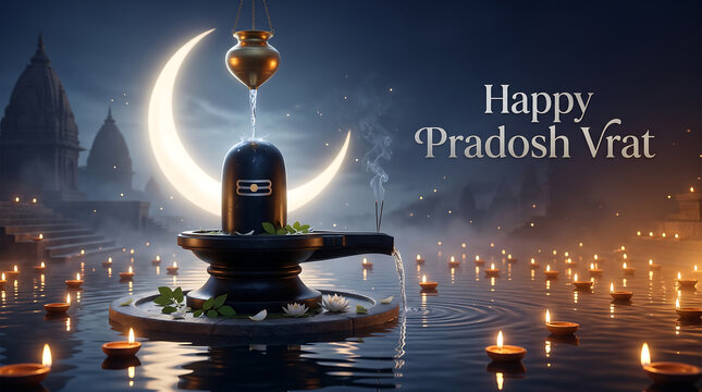 Devotional pradosh vrat ritual with sacred shiva lingam being bathed under a glowing crescent moon and starry night sky surrounded by flickering oil lamps on water evoking
