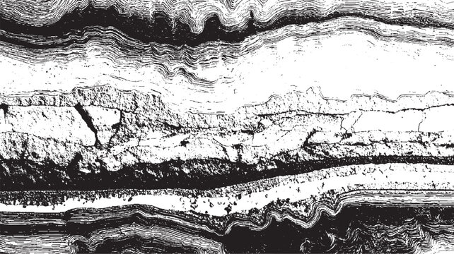 Black and white abstract textured background with layered geological strata and cracked earth patterns