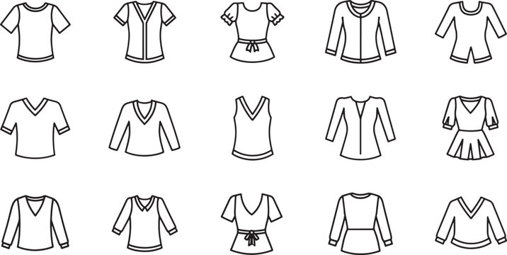 Black and white line collection of 15 different t-shirt