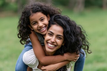 Naklejka premium Happy indian mother having fun with her daughter outdoor - Family people and love concept - Focus on mum face