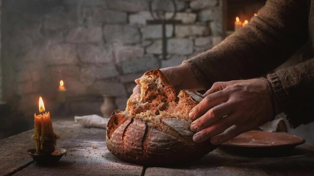 Rustic homemade bread being torn by hands on wooden table with candlelight and stone wall background