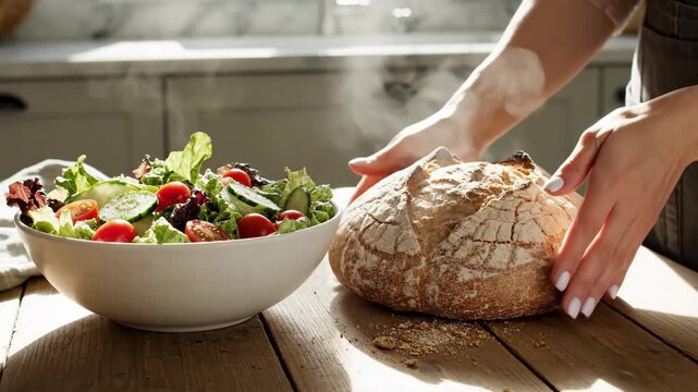 Freshly baked sourdough bread and healthy garden salad on rustic kitchen table artisan bread