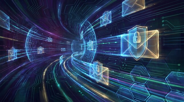 Digital security: Futuristic digital tunnel with glowing email and lock icons symbolizing data security and information flow