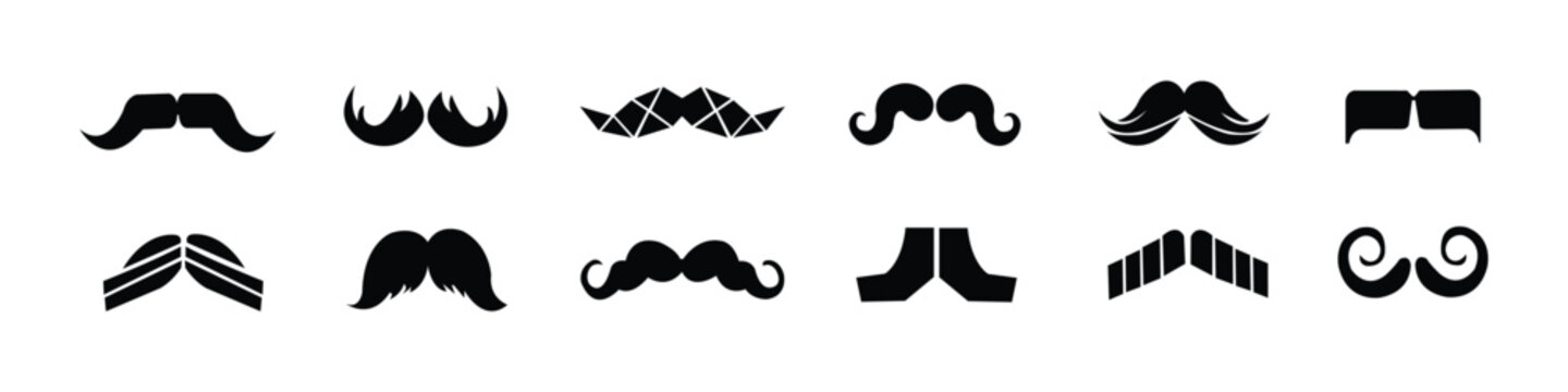 Mustache icon vector set. Retro hipster handlebar moustache, barber facial hair silhouette collection isolated on white background