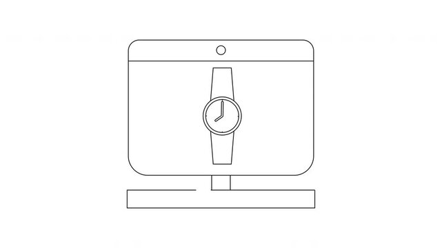 Minimalist line drawing of a watch inside a display case.