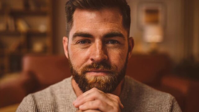 Close up portrait of confident man with beard looking at camera in cozy living room