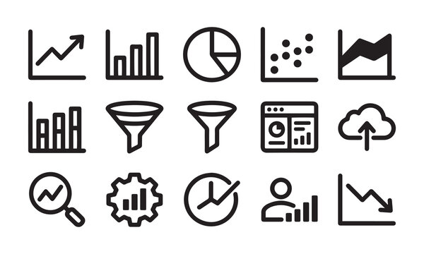Data analysis and finance icons including charts, pie chart, funnel and cloud upload vector.