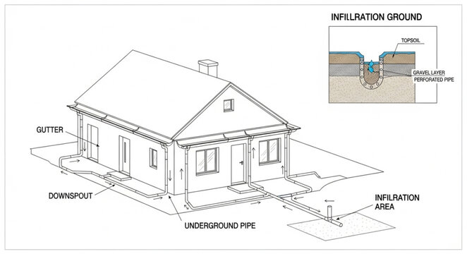 Diagram of a residential septic system and leach field.