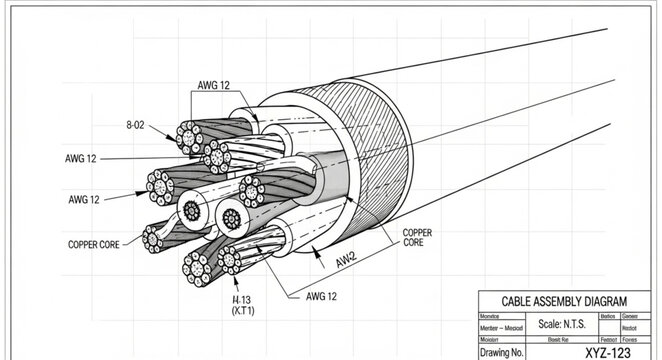 Detailed technical drawing of a complex cable bundle.