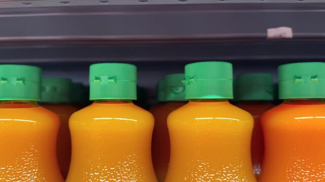 Close-up view of colorful plastic drink bottles with green caps stored inside a refrigerated shelf. Cold beverages and retail refreshment concept with soft commercial lighting.