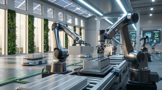 Automated robotic arms assembling battery packs in a modern sustainable factory with green walls and solar panels
