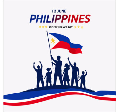 Philippines Independence Day Celebration Vector with Filipino Flag and Family Silhouette
Modern Philippines Independence Day vector illustration featuring waving Philippine flag, family and people sil