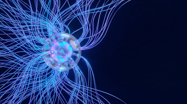 Abstract 3D neural network sphere with blue violet glow